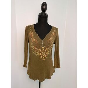 Y2K Rhinestone Graphic Olive Green Top Ribbed Henley Boho Fitted Long Sleeve XL